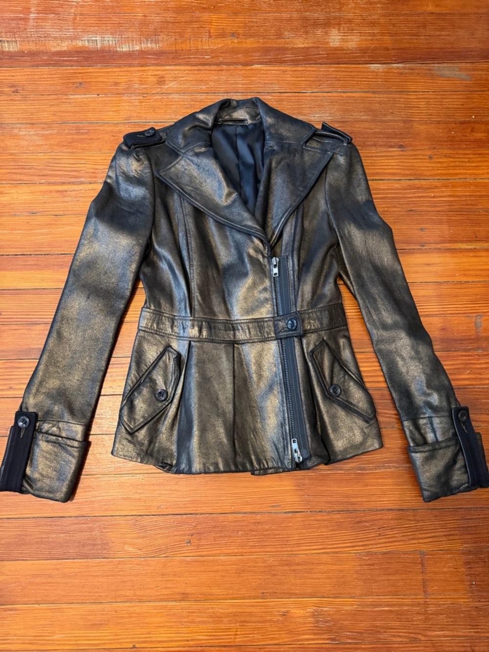 Authentic Diane Von Furstenberg Metallic Peplum Bronze Leather Zip Jacket Size 6